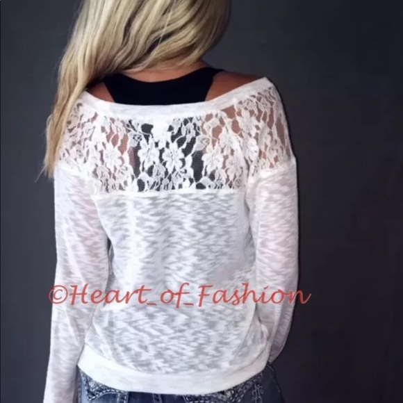 Semi-Sheer Burnout Lace Shoulder Relaxed Top - Picture 3 of 3